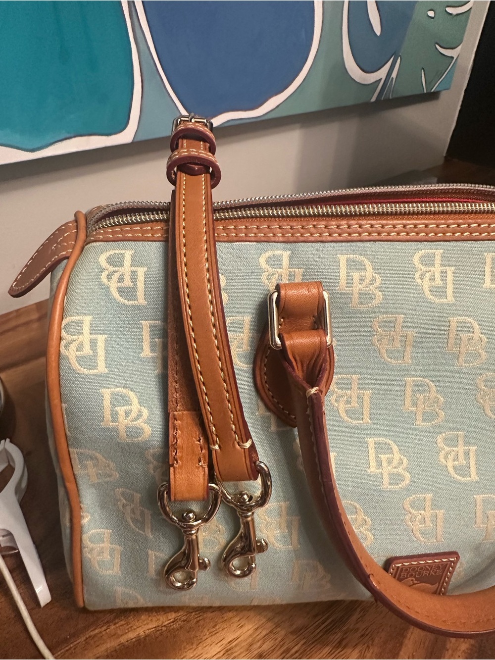 Dooney & Bourke Light Blue Signature Satchel with Brown Leather Trim - Picture 3 of 5